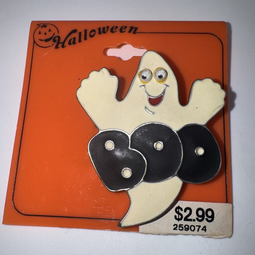 Vintage Halloween Ghost BOO Brooch Pin Googly Eyes Original Card